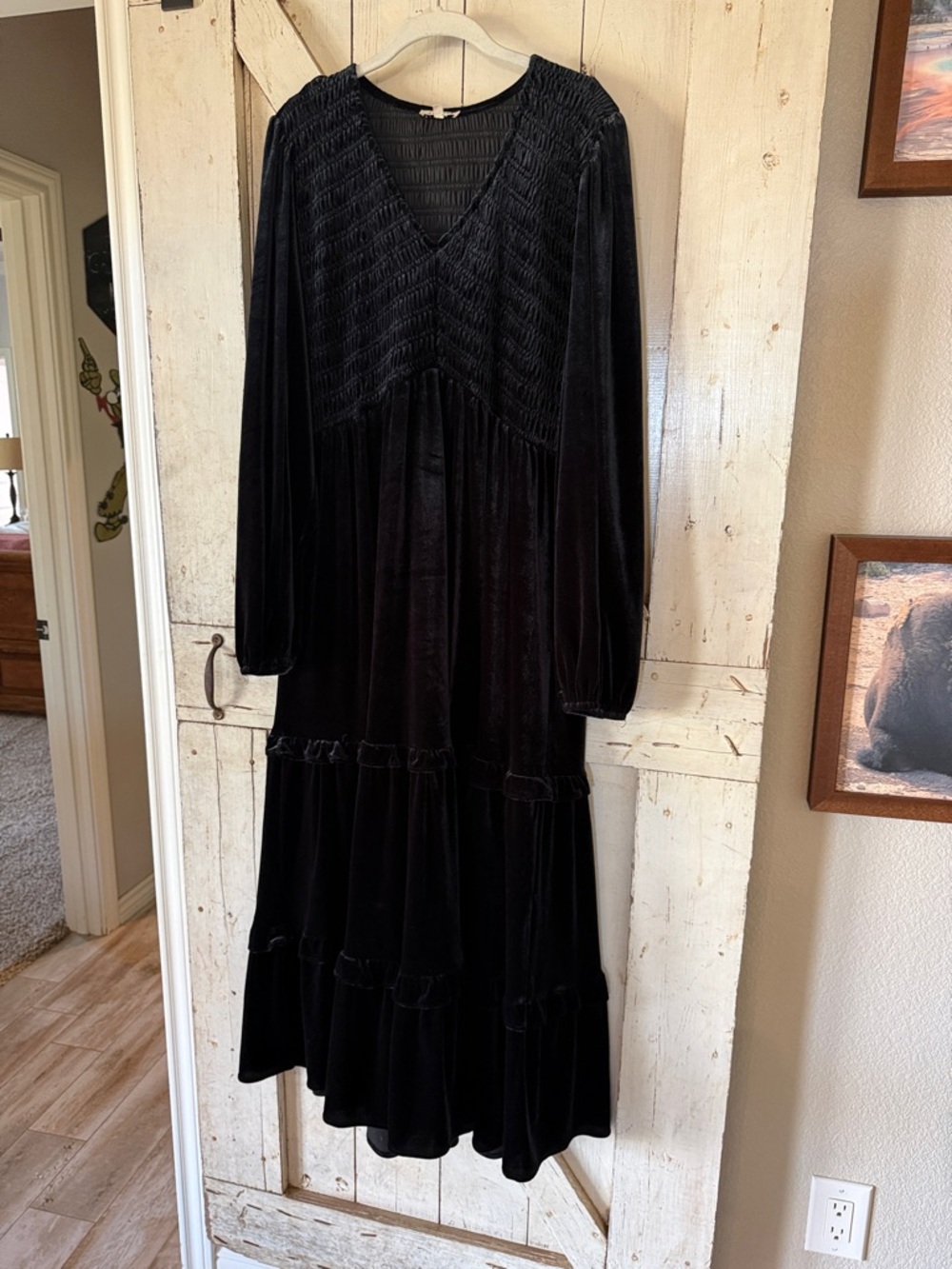 Black Velvet Long-Sleeve V-Neck Maxi Dress